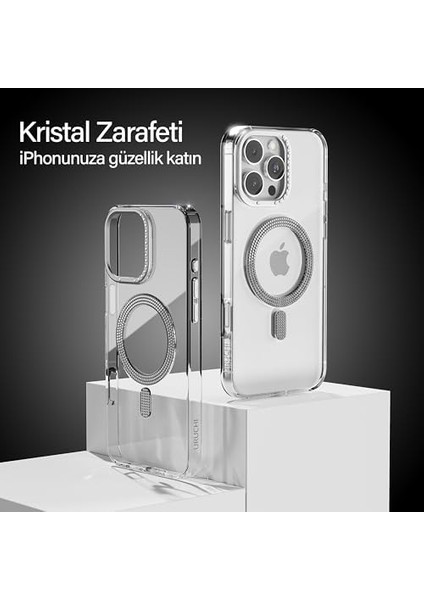 15 Pro Max ile Uyumlu Şeffaf Taşlı Mag-Safe Kılıf - Sert Mika Sararmaz Kılıf, N52 Güçlü Mıknatıs, Bağımsız Tuşlar, Lüks Kristal Tasarım (Şeffaf, 15 Pro Max) fiyatları