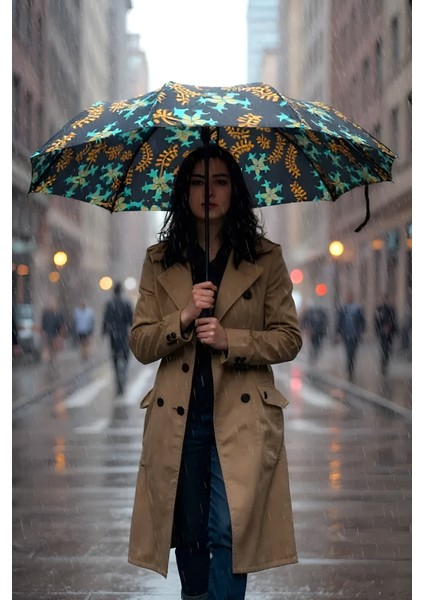 Desenli Fiber Tel Kılıflı Siyah Otomatik Şemsiye Kadın fırsatları