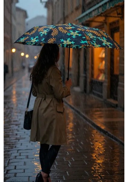 Desenli Fiber Tel Kılıflı Siyah Otomatik Şemsiye Kadın