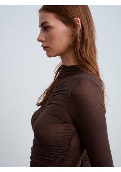 32333 Kaşmir Karışımlı Büzgülü Bluz-Kahve modelleri
