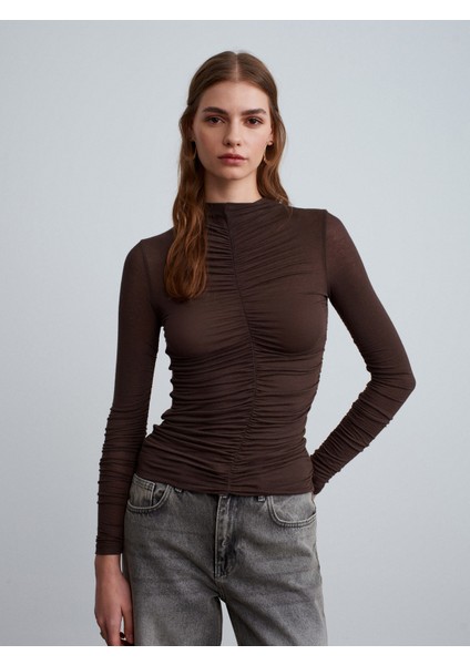 32333 Kaşmir Karışımlı Büzgülü Bluz-Kahve fırsatları