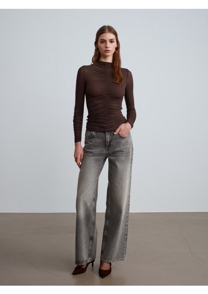 32333 Kaşmir Karışımlı Büzgülü Bluz-Kahve indirimleri