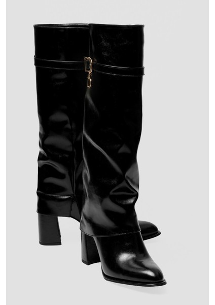 Kadın Deri Çizme Topuklu Gold Tokalı Siyah Diona