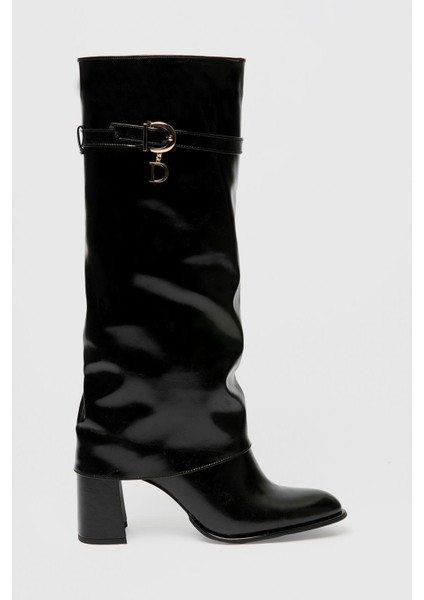 Kadın Deri Çizme Topuklu Gold Tokalı Siyah Diona fiyatları