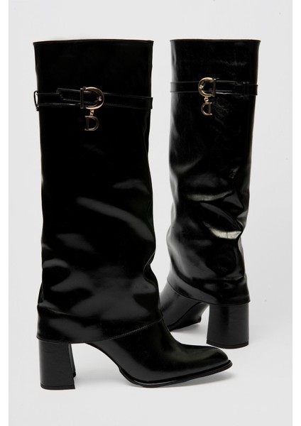 Kadın Deri Çizme Topuklu Gold Tokalı Siyah Diona modelleri