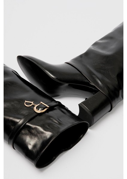 Kadın Deri Çizme Topuklu Gold Tokalı Siyah Diona fırsatları