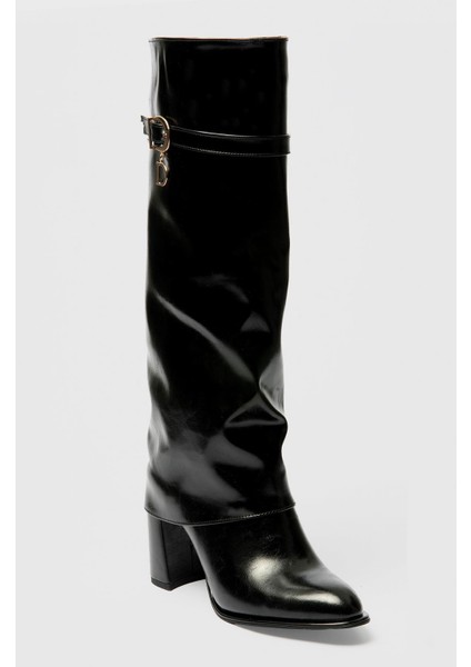 Kadın Deri Çizme Topuklu Gold Tokalı Siyah Diona indirimleri