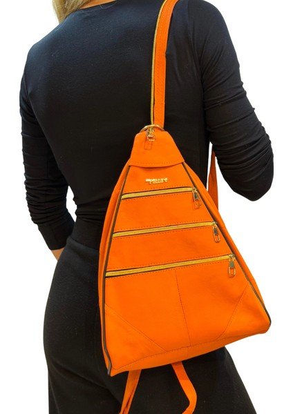 Kadın Hakiki Deri Maymun Model Sırt Çantası Turuncu