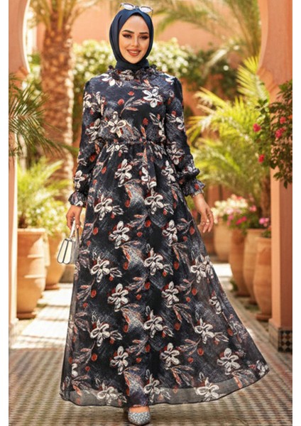 Çiçek Desenli Siyah Tesettür Elbise 29710S fırsatları