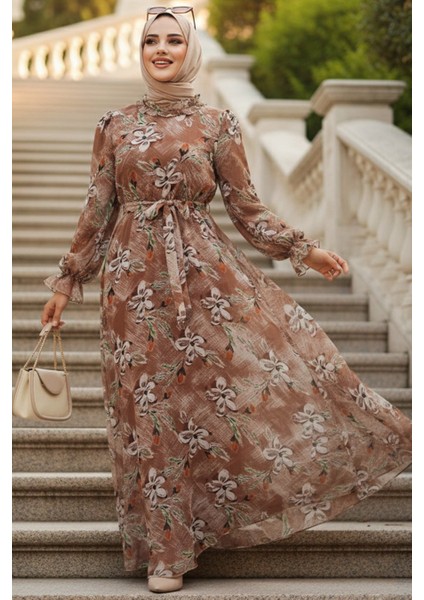 Çiçek Desenli Taba Tesettür Elbise 29710TB fırsatları