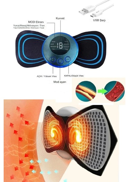 8 Modlu Mini Şarjlı Kelebek LCD Ekran Ems Boyun Omuz Kol Sırt Elektrikli Masaj Bantı Kas Stimülatörü
