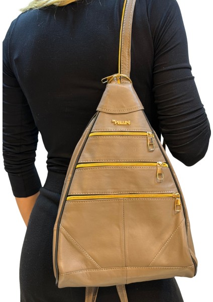 Kadın Hakiki Deri Maymun Model Sırt Çantası Koyu Bej