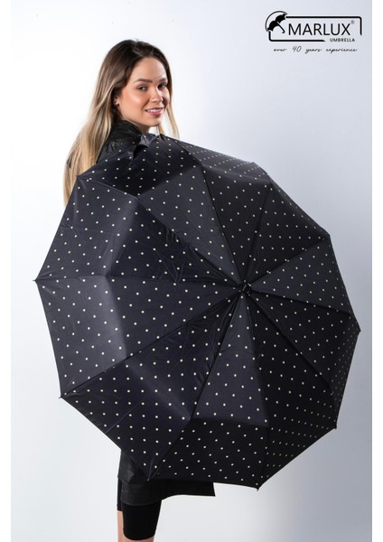 Siyah ve Krem Benekli, Ahşap Saplı Tam Otomatik Şemsiye, Şık ve Dayanıklı Tasarım