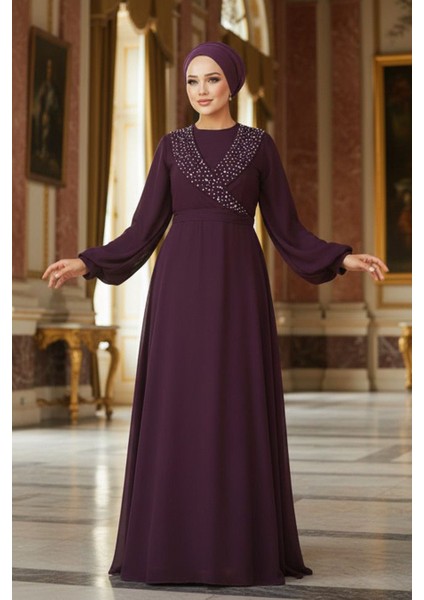 Boncuk Detaylı Mürdüm Tesettür Abiye Elbise 22153MU fırsatları