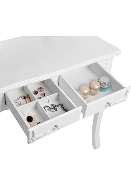 Makyaj Masası, Ayna ve Tabure ile Oyuk Makyaj Masası, 4 Çekmece, Eğim Koruması, Beyaz RDT04W, 75 x 40 cm modelleri