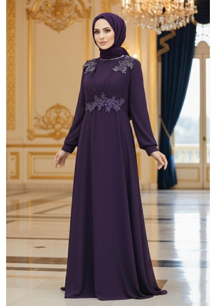 Boncuk Detaylı Mürdüm Tesettür Abiye Elbise 22113MU indirimleri