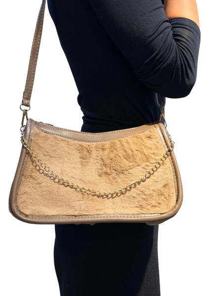 Peluş El Kol Omuz Çantası Krem