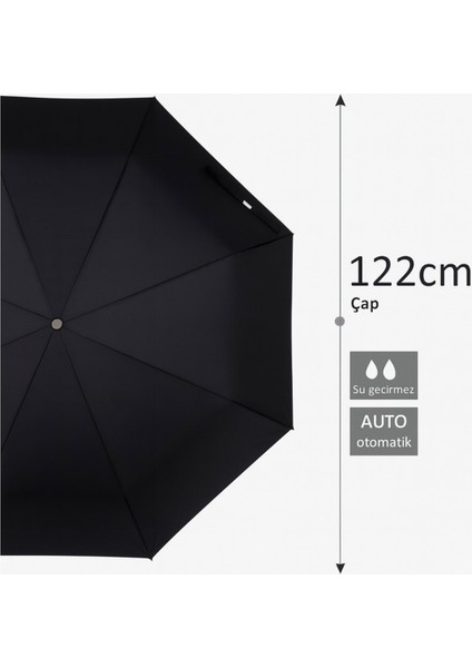 8 Tellili Otomatik Şemsiye, Kılıflı, Çap 122 Cm, Siyah, Rüzgarda Dayanıklı fırsatları
