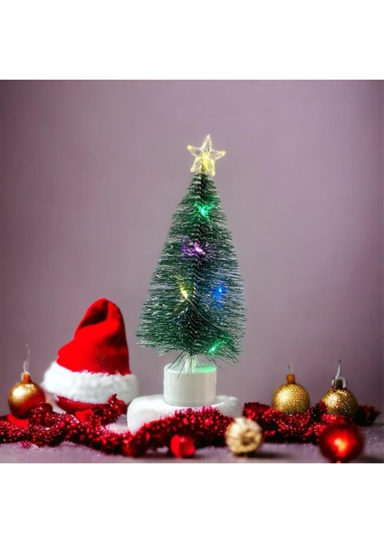 Yılbaşı Noel Yeni Yıl Çam Ağacı Masa Üstü 17CM LED Işıklı Kar Efektli Ağaç