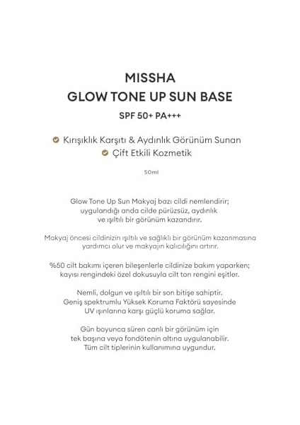 Mıssha Pürüzsüz, Aydınlık ve Işıltılı Görünüm Sunan Makyaj Bazı 50 Mililitre Glow Tone Up Sun Base SPF50 Pa