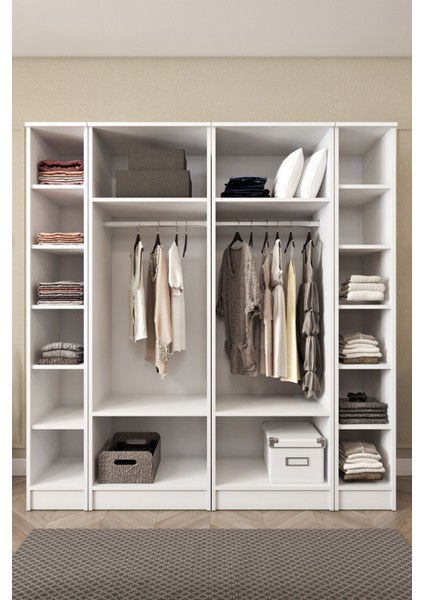 Ases ELA862 Geniş Gardırop Elbise ve Yüklük Dolabı 6 Kapaklı 14 Raflı 2 Askılı Modüler Dolap Beyaz
