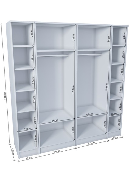 Ases ELA862 Geniş Gardırop Elbise ve Yüklük Dolabı 6 Kapaklı 14 Raflı 2 Askılı Modüler Dolap Beyaz modelleri