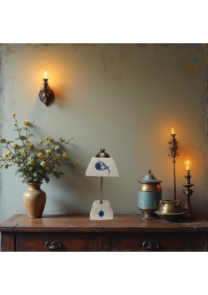 Abajur-Masa ve Gece Lambası-Dekoratif-Şeffaf Porselen-El Yapımı-Porselen Şapkalı-Krem Gövde