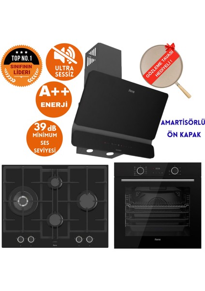 Fryart&silentart Loop Sessiz Yeni Seri Siyah Ankastre Set ( D080-SA + XE63CS +ED075-WFA Wok)