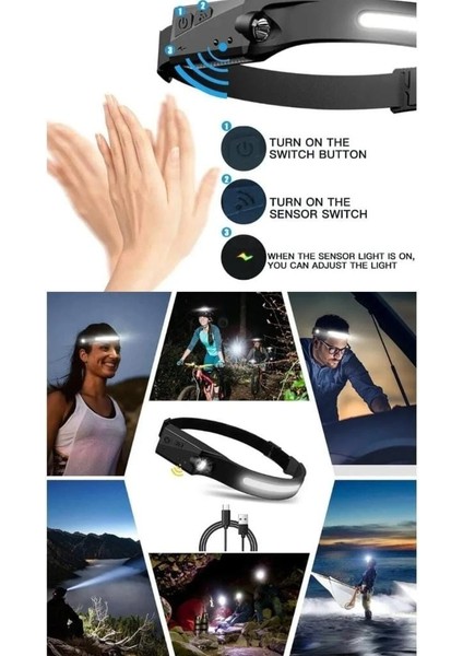 Sensörlü Kafa Lambası Ledli Şarjlı Pilli Kamp Kafa Feneri El Feneri