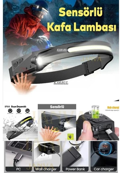 Sensörlü Kafa Lambası Ledli Şarjlı Pilli Kamp Kafa Feneri El Feneri