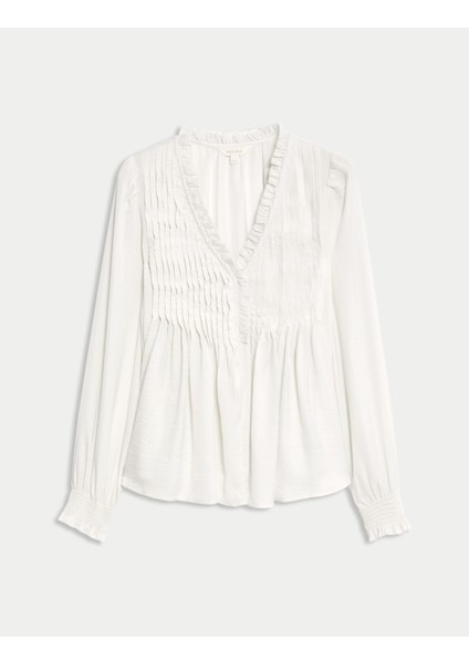 Saten V Yakalı Fırfırlı Pile Detaylı Uzun Kol Bluz