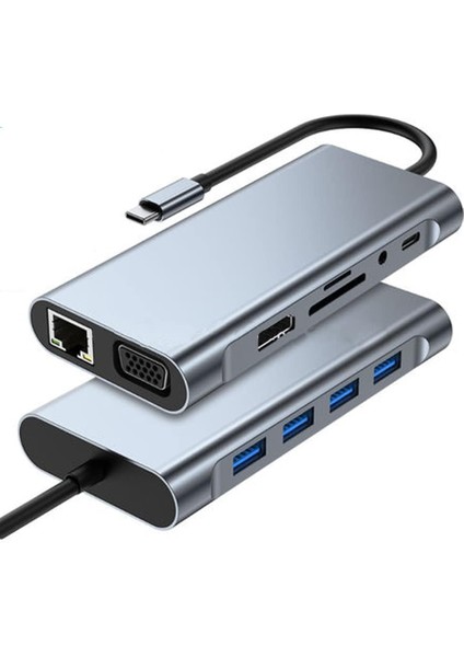 11 In 1 Type-C To USB Hub HDMI (4k),audio/, Type-C/, 4x USB 3.0/, Lan/, Vga/, Sd Card Reader Çevirici Hub 10 Port Adaptör Dönüştürücü Çoklayıcı