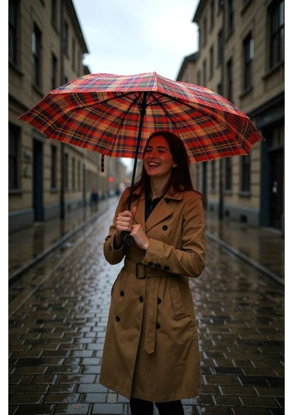 Kırmızı Ekoseli Unisex Otomatik Fonksiyonlu Lüx Şemsiye