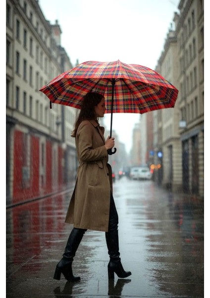 Kırmızı Ekoseli Unisex Otomatik Fonksiyonlu Lüx Şemsiye