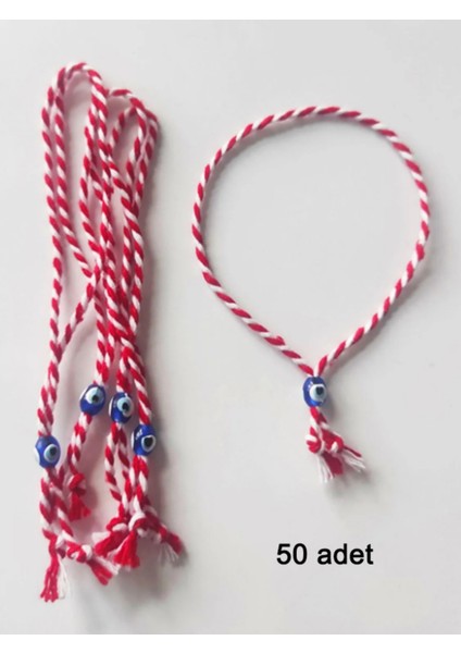 50 Adet Nazarboncuklu Kırmızı Beyaz Marteniçka İp Bileklik - Dilek Bilekliği - 2