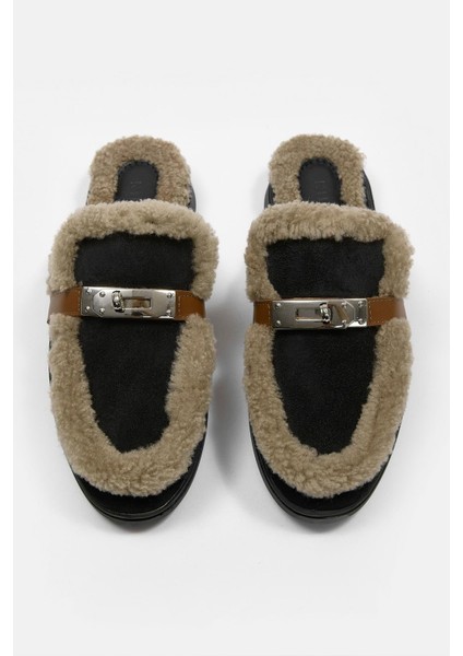 Jelly Siyah Süet Gerçek Kürklü Kadın Terlik