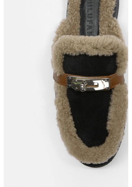 Jelly Siyah Süet Gerçek Kürklü Kadın Terlik modelleri