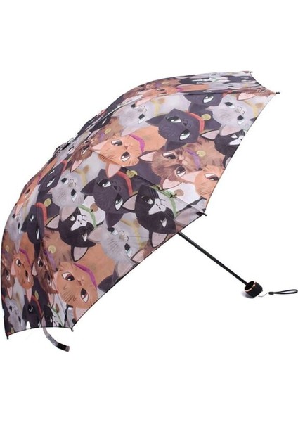 Renkli Kedi Desenli 8 Telli Rüzgar Dayanıklı Manuel Şemsiye
