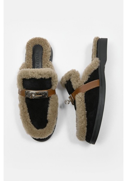 Jelly Siyah Süet Gerçek Kürklü Kadın Terlik