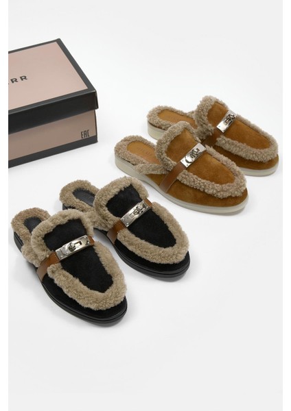 Jelly Siyah Süet Gerçek Kürklü Kadın Terlik