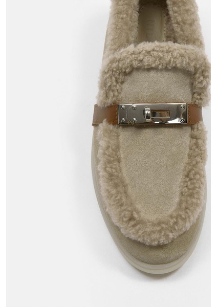 Melly Bej Hakiki Süet Kürklü Kadın Loafer modelleri
