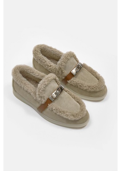 Melly Bej Hakiki Süet Kürklü Kadın Loafer indirimleri