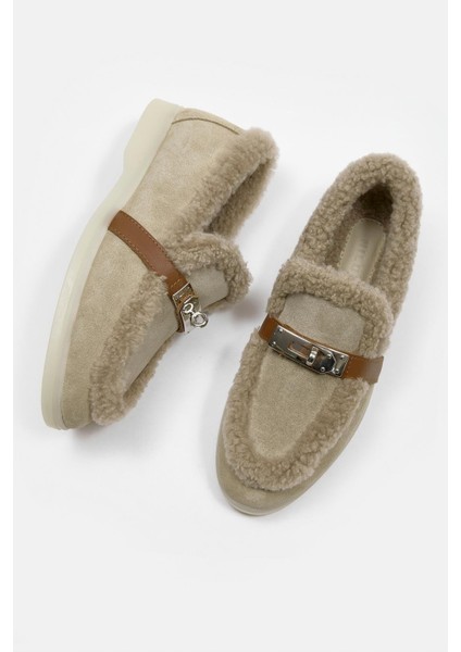 Melly Bej Hakiki Süet Kürklü Kadın Loafer