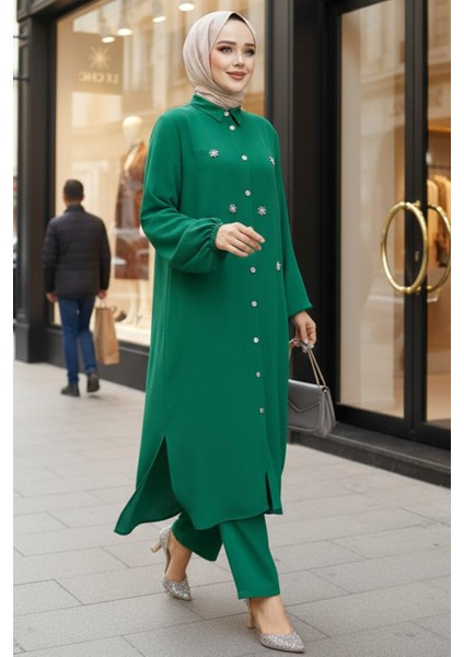 Boncuk Detaylı Zümrüt Yeşili Tesettür İkili Takım 12082ZY fiyatları