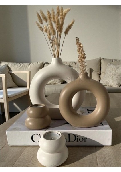 Dekoratif 2'li Halka Vazo Set, 2'li Mumluk Set, Donut Vazo Set