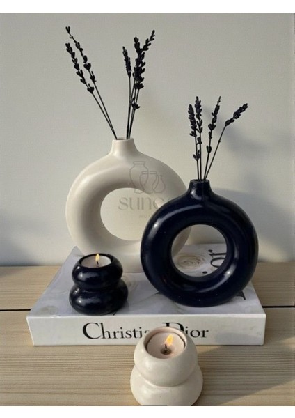 Dekoratif 2'li Halka Vazo Set, 2'li Mumluk Set, Donut Vazo Set