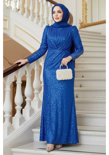 Pul İşlemeli Sax Mavisi Tesettür Abiye Elbise 3976SX indirimleri