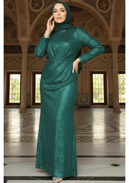 Pul İşlemeli Zümrüt Yeşili Tesettür Abiye Elbise 3976ZY indirimleri
