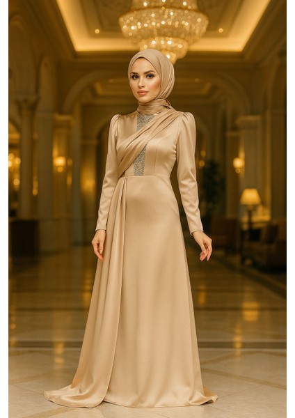 Kuyruklu Gold Saten Tesettür Abiye 22891GOLD modelleri