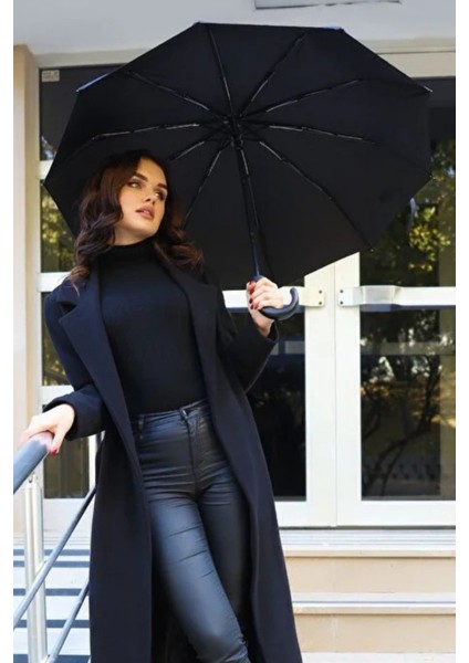 10 Tellı Tam Otomatik Siyah Unisex Şemsiye, Dayanıklı ve Şık Tasarım